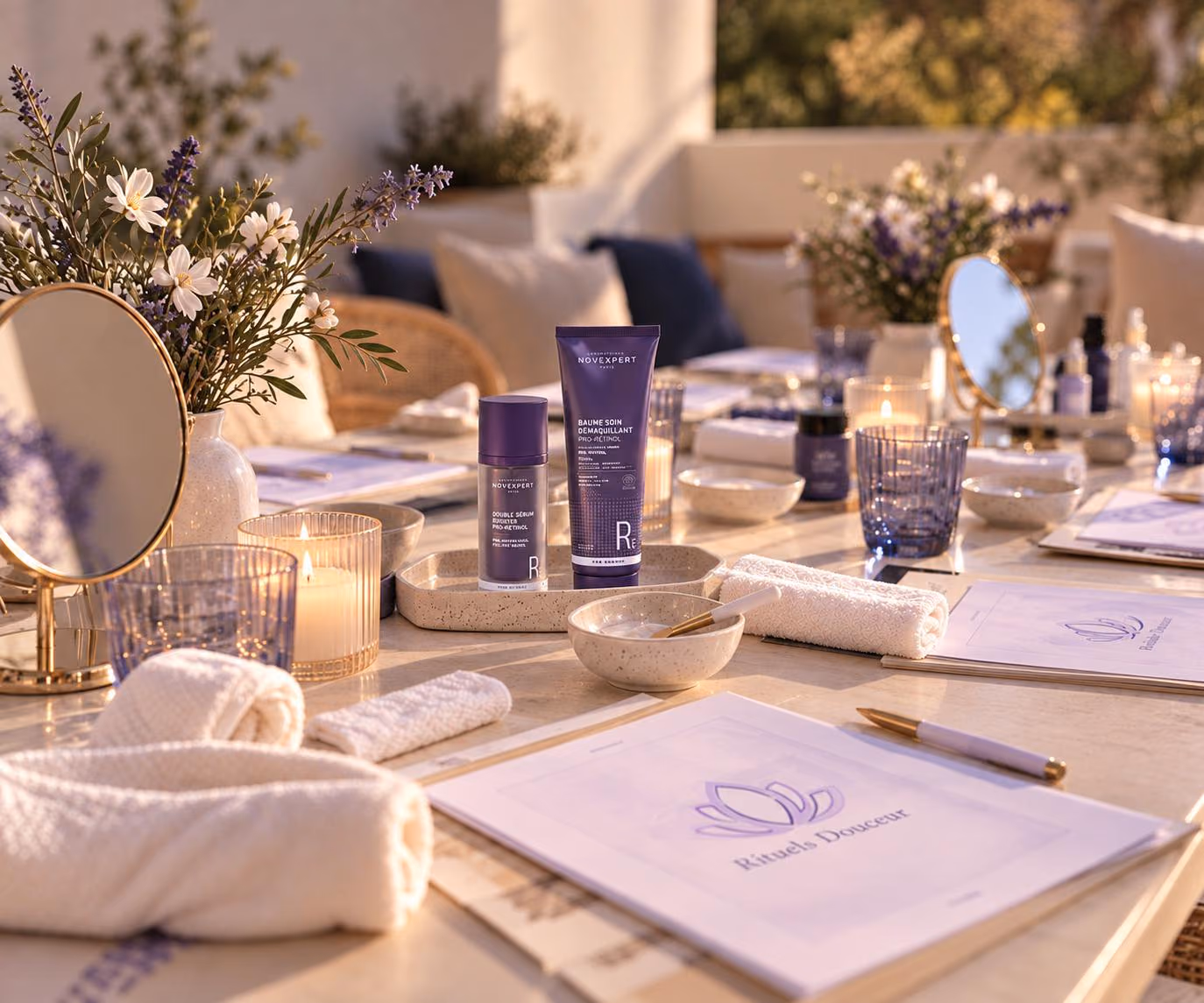 Une table d’atelier dressée sur la terrasse : miroirs, bougies, serviettes, soins Novexpert et carnets Rituels Douceur